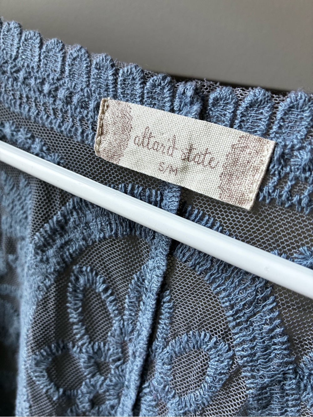 Anthropologie Dusty Blue Crochet Lace cottage festival whimsical long cardigan